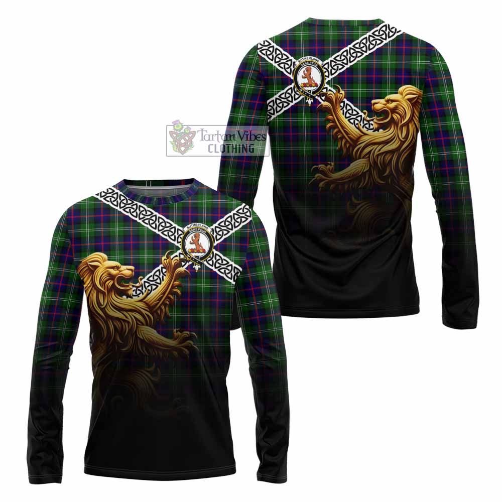 Tartan Vibes Clothing Sutherland Crest Tartan Long Sleeve T-Shirt with Golden Lion Emblem Celtic Style