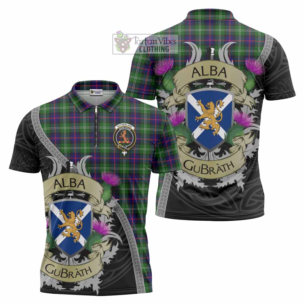 Tartan Vibes Clothing Sutherland Tartan Family Crest Zipper Polo Shirt Lion Rampant Royal Thistle Shield Celtic Inspired