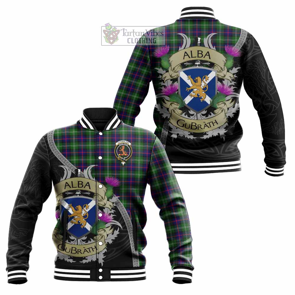 Sutherland Tartan Family Crest Baseball Jacket Lion Rampant Royal Thistle Shield Celtic Inspired - Tartan Vibes Clothing