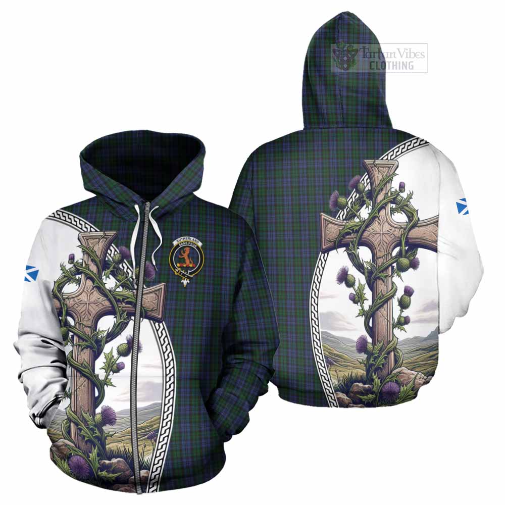 Tartan Vibes Clothing Sutherland Tartan Hoodie with Family Crest and St. Andrew's Cross Accented by Thistle Vines