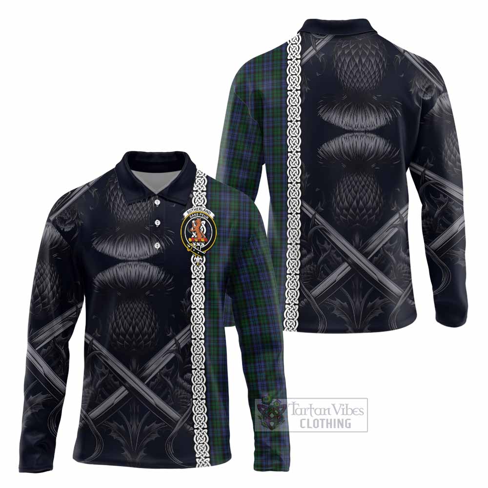 Tartan Vibes Clothing Sutherland Tartan Long Sleeve Polo Shirt with Family Crest Cross Sword Thistle Celtic Vibes