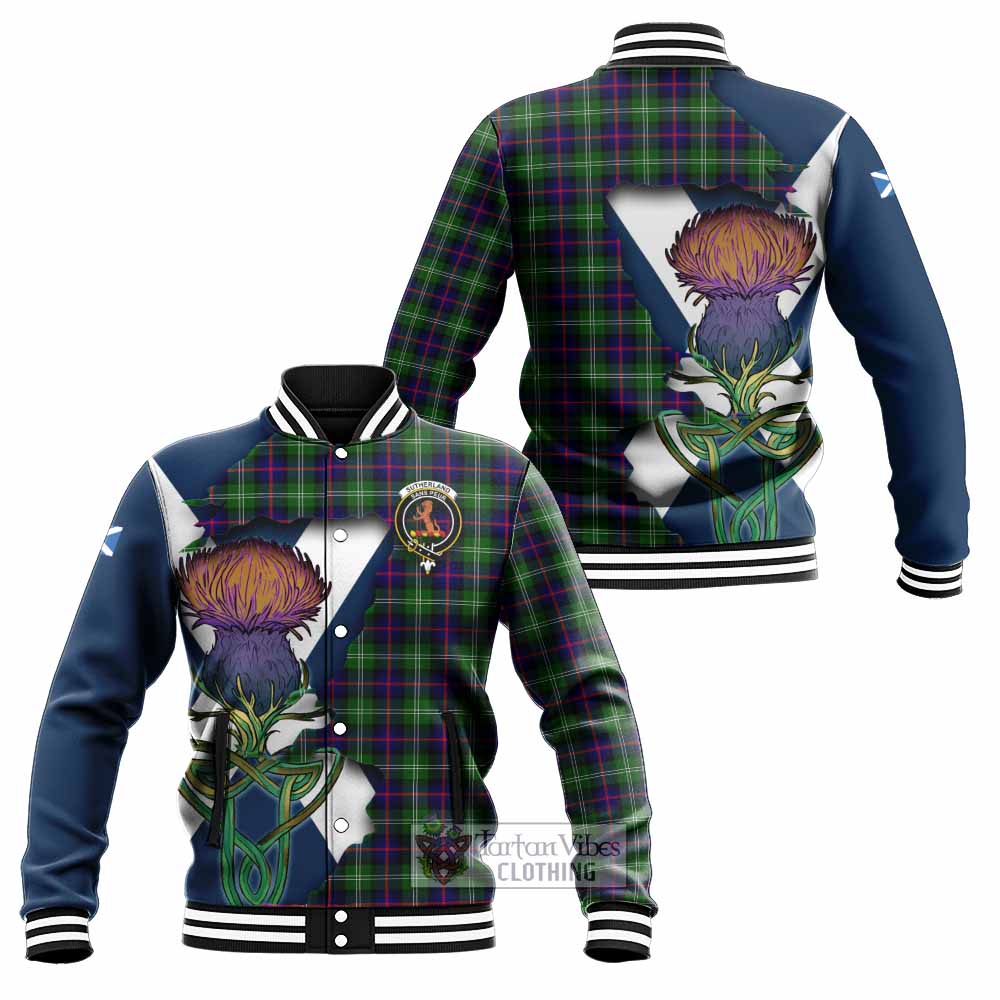 Sutherland Tartan Family Crest Baseball Jacket Scottish Thistle Celtic Inspired - Tartan Vibes Clothing