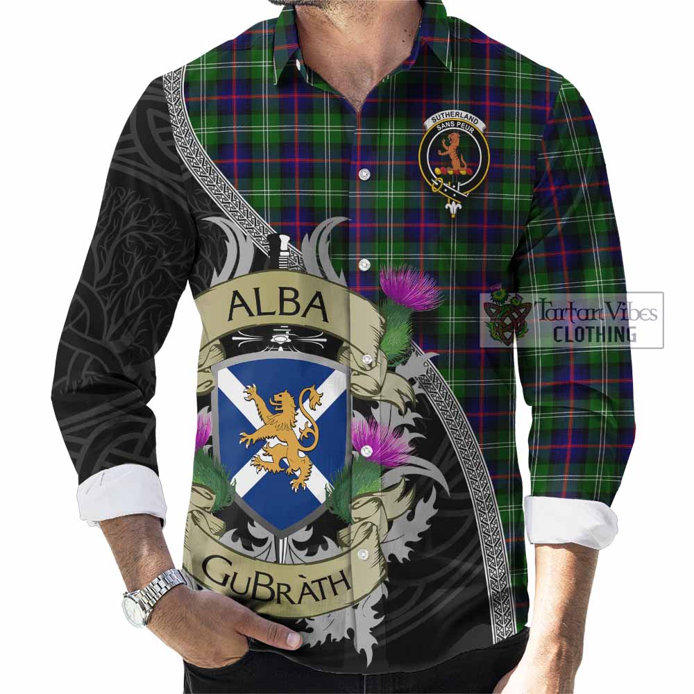 Tartan Vibes Clothing Sutherland Tartan Family Crest Long Sleeve Button Shirt Lion Rampant Royal Thistle Shield Celtic Inspired