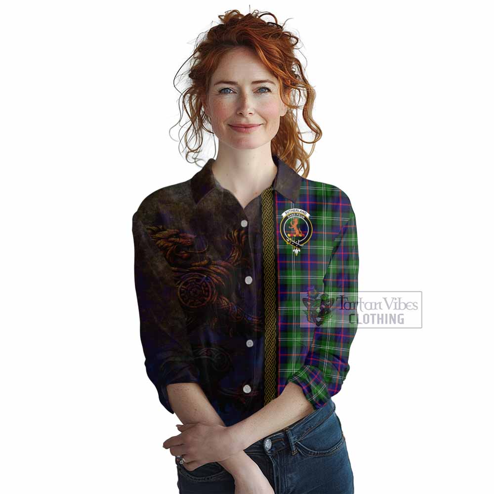 Tartan Vibes Clothing Sutherland Tartan Family Crest Women's Casual Shirt Alba Gu Brath Be Brave Lion Ancient Style