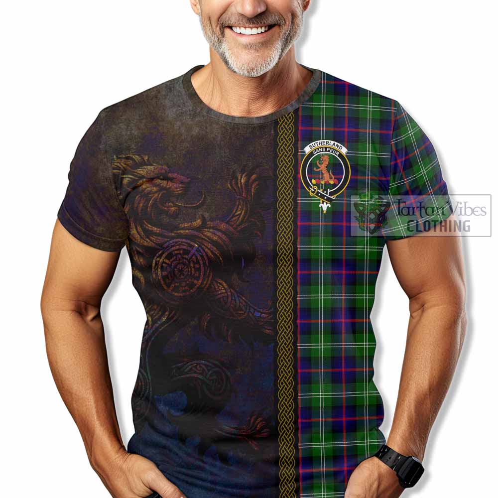 Tartan Vibes Clothing Sutherland Tartan Family Crest T-Shirt Alba Gu Brath Be Brave Lion Ancient Style