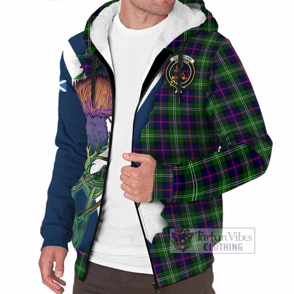 Tartan Vibes Clothing Sutherland Tartan Family Crest Sherpa Hoodie Scottish Thistle Celtic Inspired