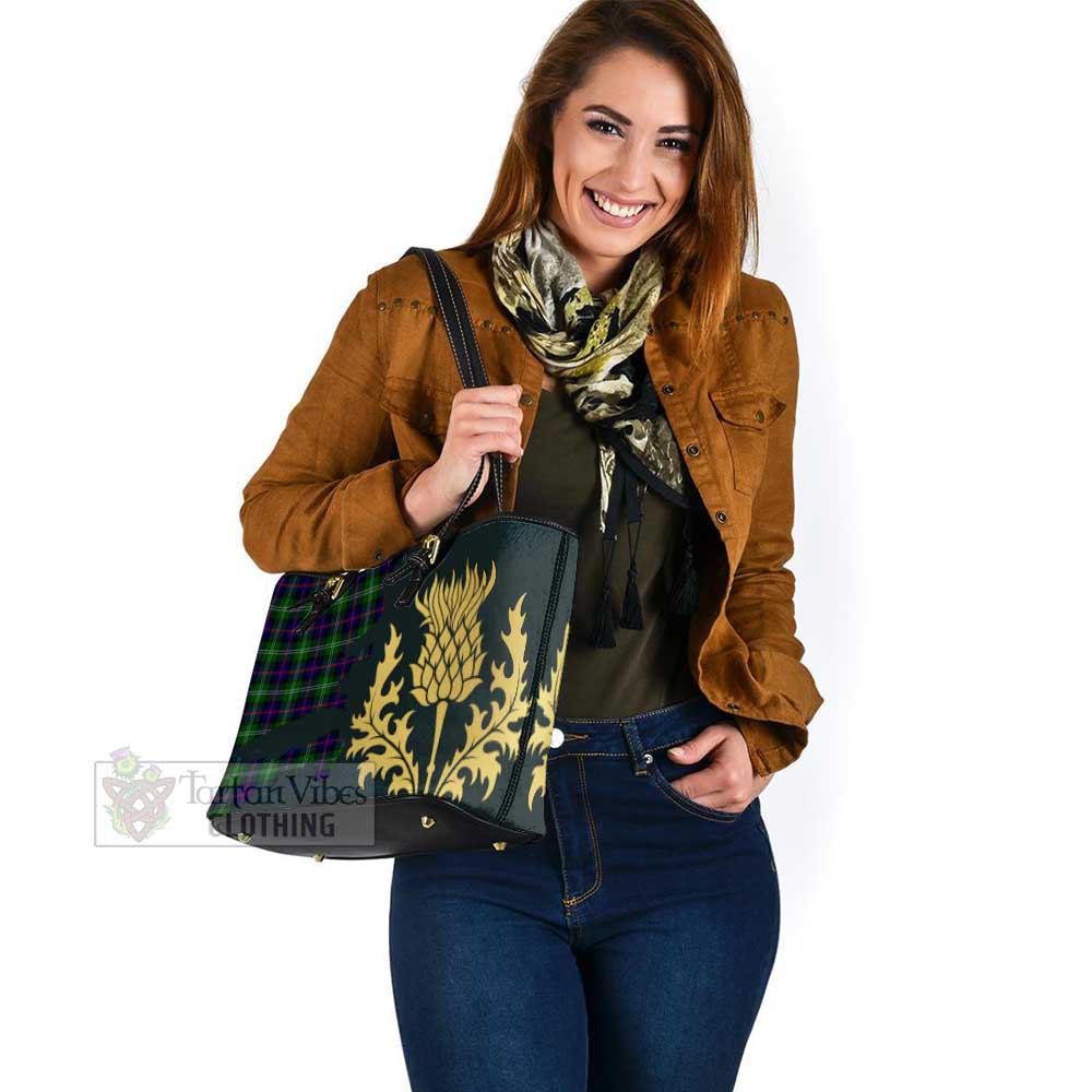 Tartan Vibes Clothing Sutherland Tartan Leather Tote Bag Gold Thistle Style