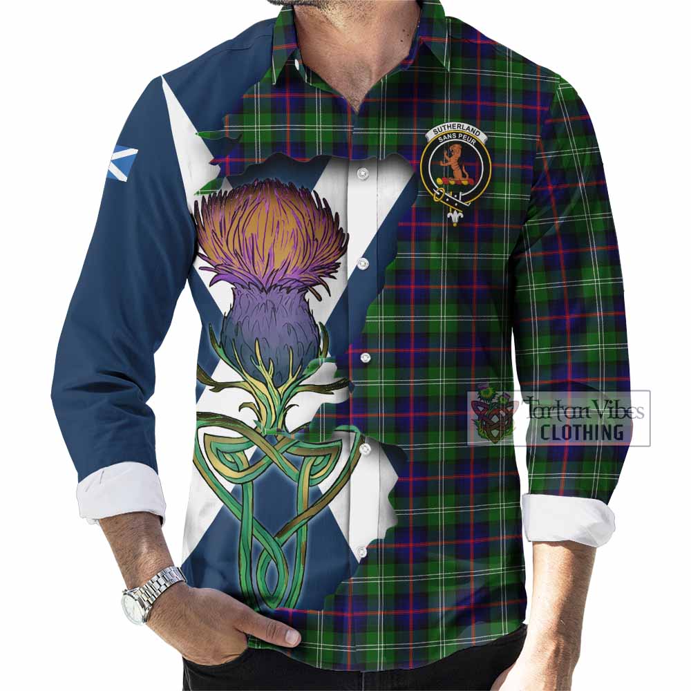 Tartan Vibes Clothing Sutherland Tartan Family Crest Long Sleeve Button Shirt Scottish Thistle Celtic Inspired