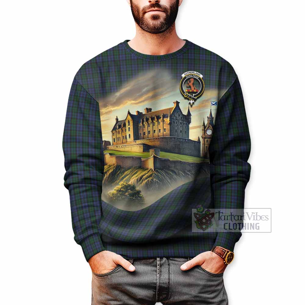 Tartan Vibes Clothing Sutherland Tartan Family Crest Sweatshirt with Scottish Ancient Castle Style