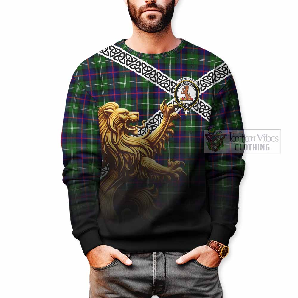 Tartan Vibes Clothing Sutherland Crest Tartan Sweatshirt with Golden Lion Emblem Celtic Style