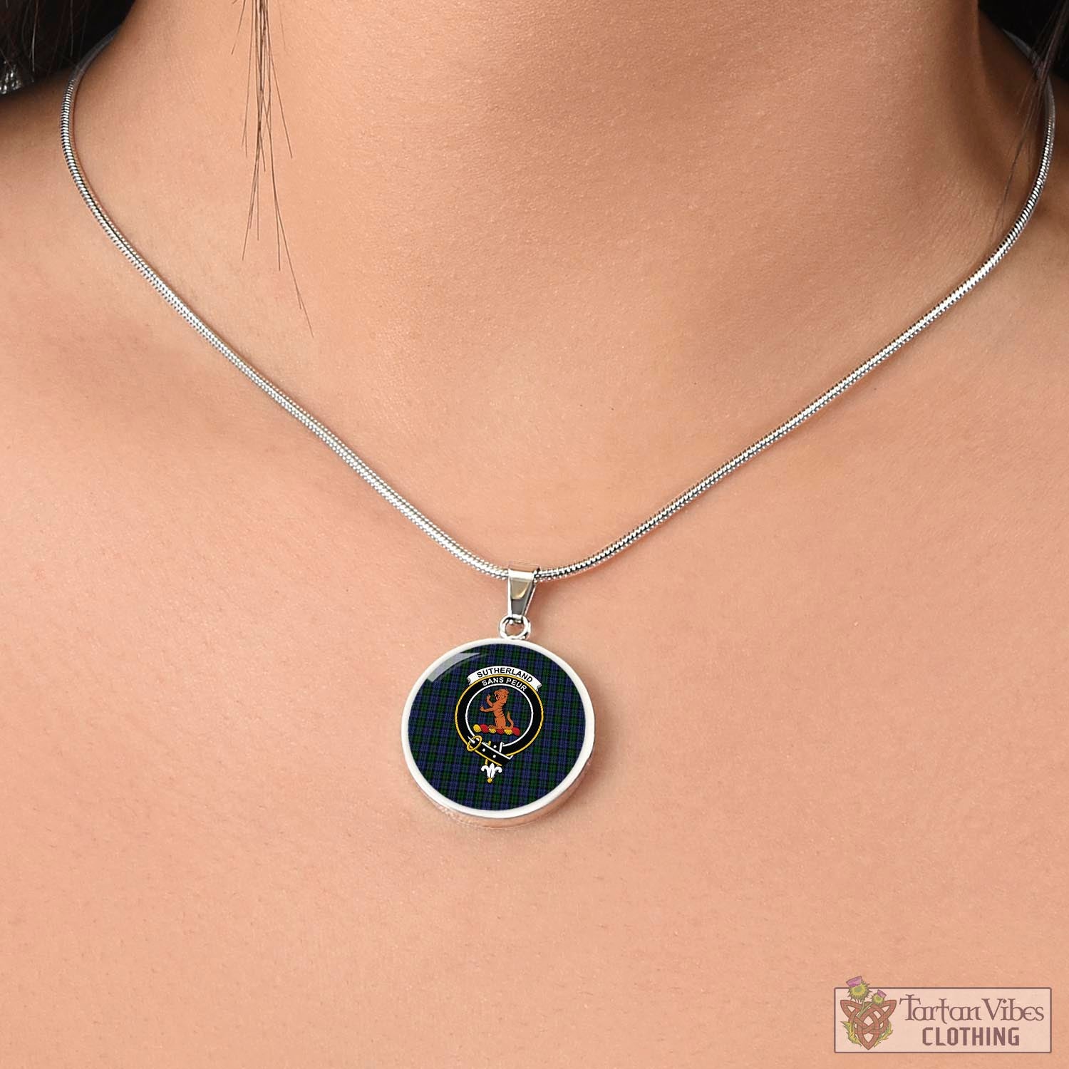 Tartan Vibes Clothing Sutherland Tartan Circle Necklace with Family Crest