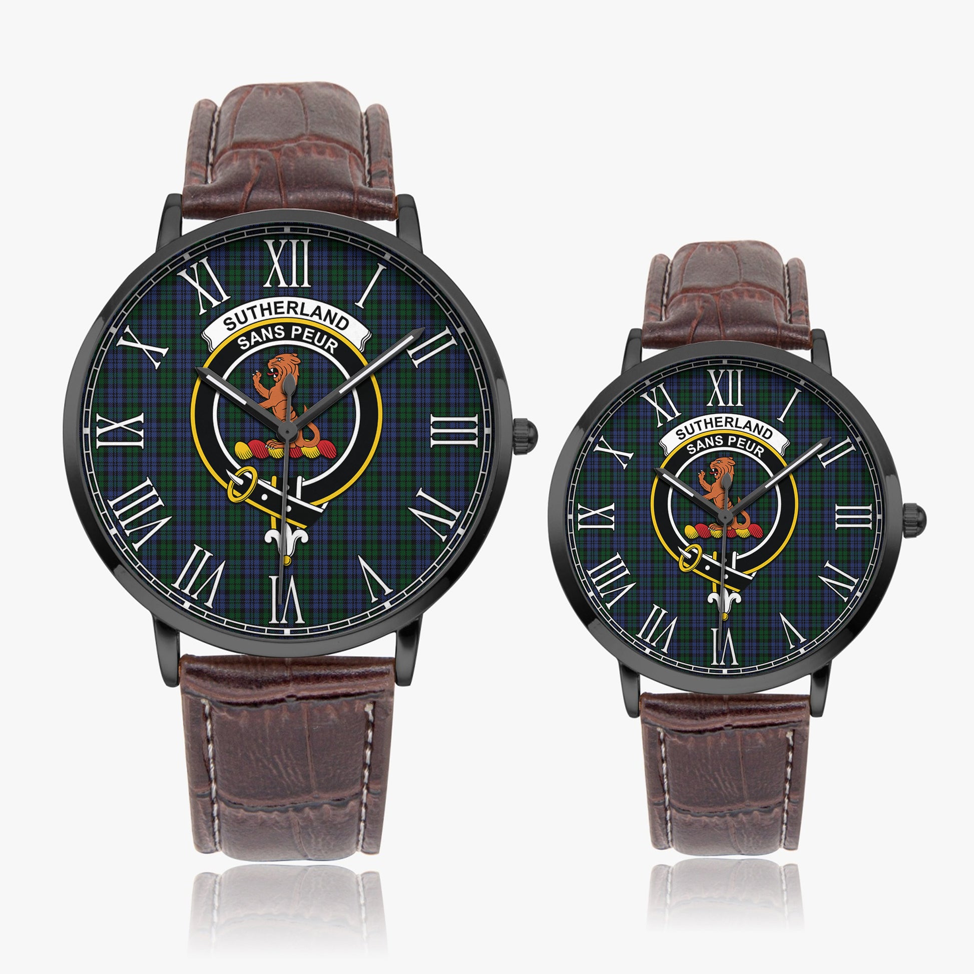 Sutherland Tartan Family Crest Leather Strap Quartz Watch - Tartanvibesclothing