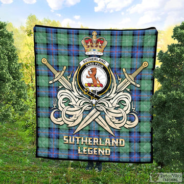 Sutherland Ancient Tartan Quilt with Clan Crest and the Golden Sword of Courageous Legacy