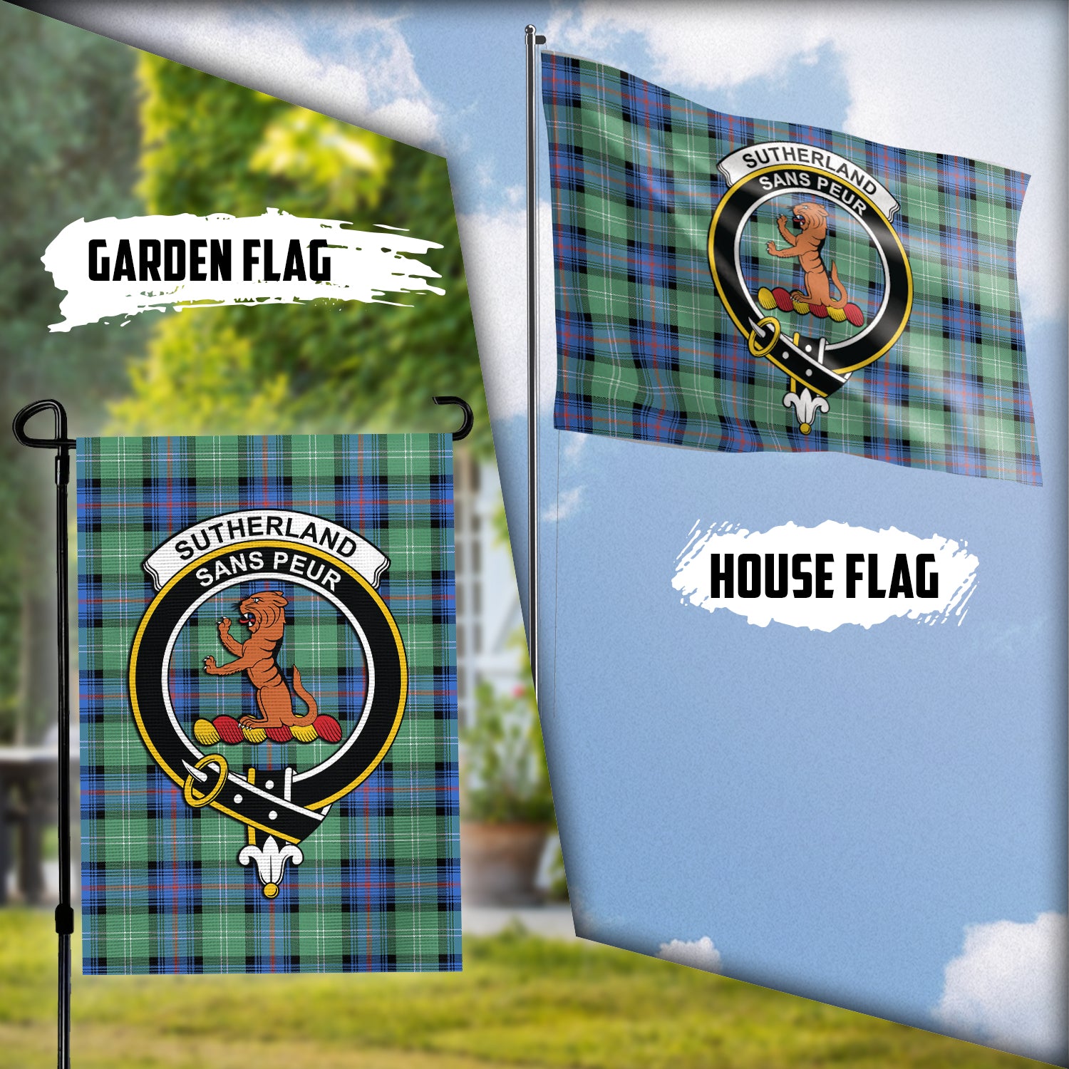 sutherland-ancient-tartan-flag-with-family-crest
