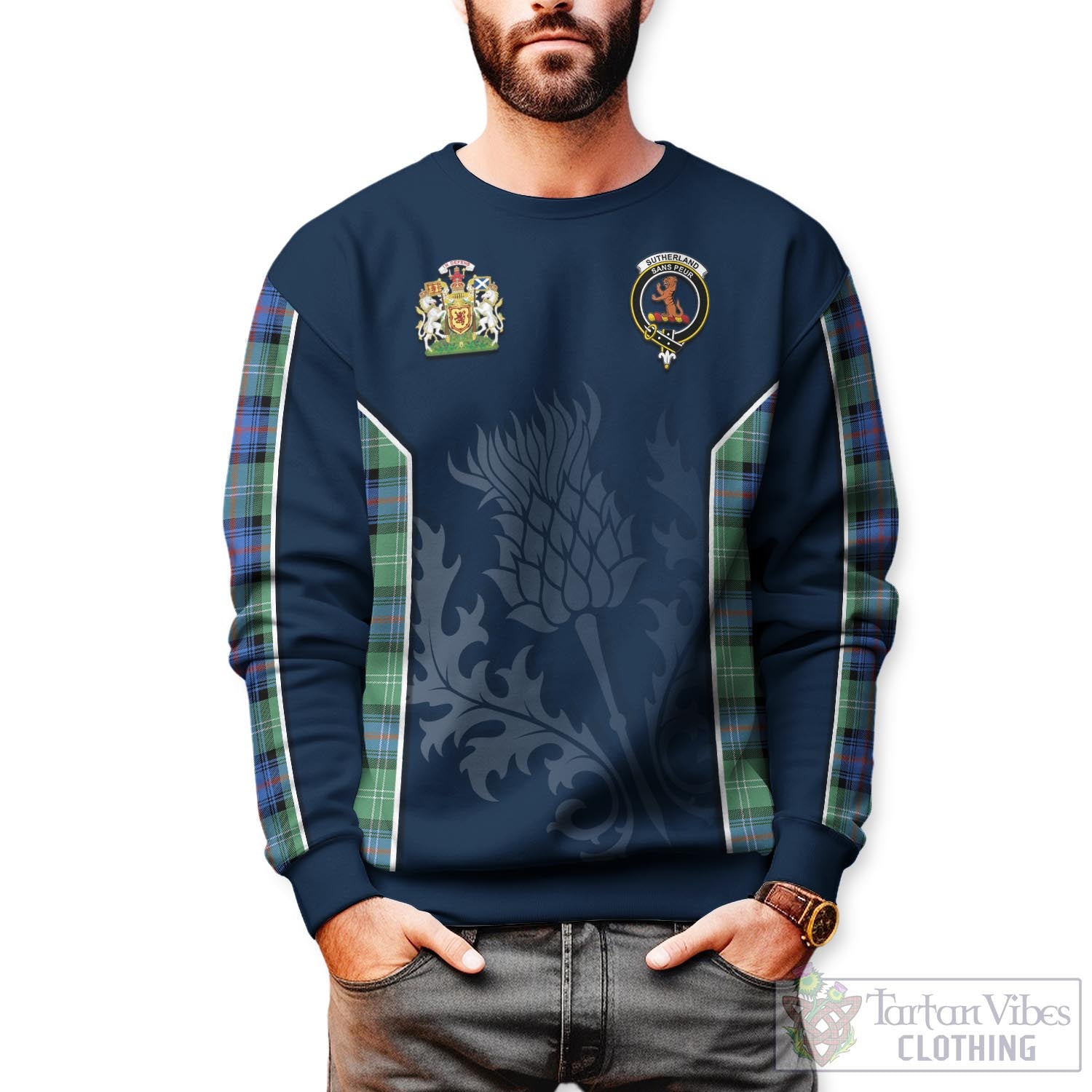 Tartan Vibes Clothing Sutherland Ancient Tartan Sweatshirt with Family Crest and Scottish Thistle Vibes Sport Style