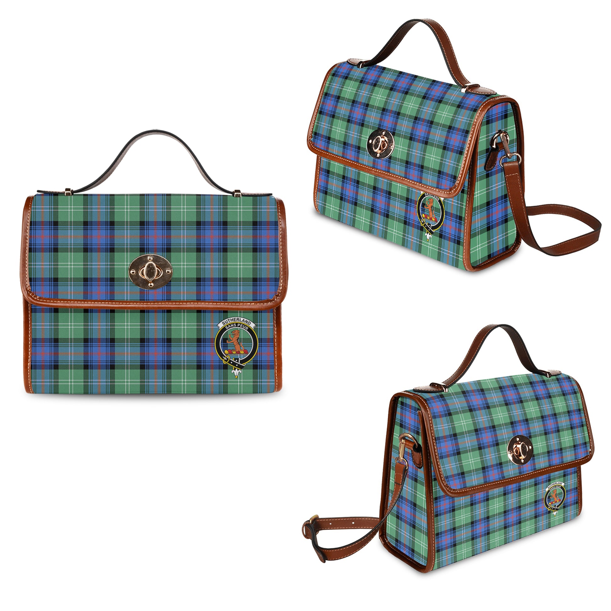 sutherland-ancient-tartan-leather-strap-waterproof-canvas-bag-with-family-crest