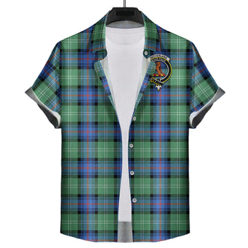 Sutherland Ancient Tartan Short Sleeve Button Down Shirt with Family Crest