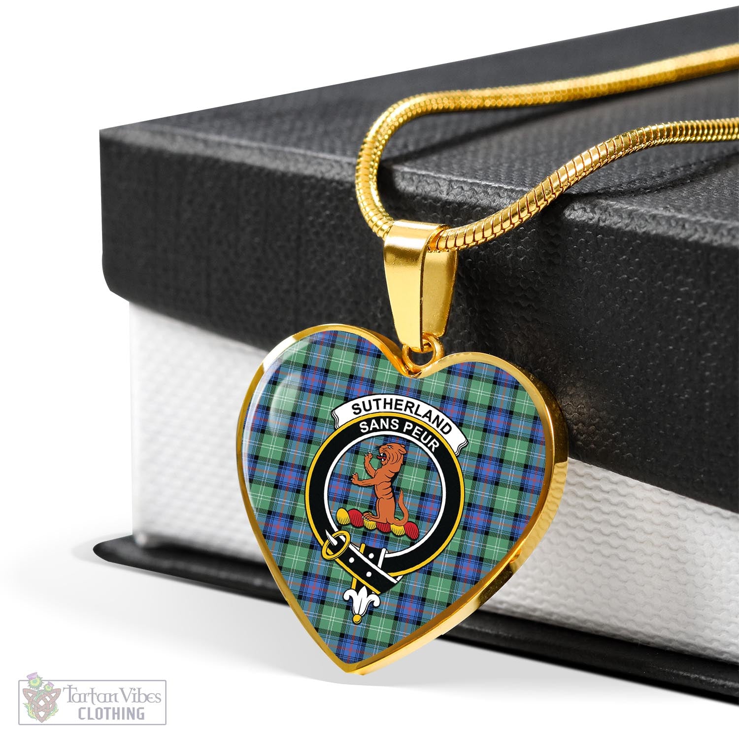 Tartan Vibes Clothing Sutherland Ancient Tartan Heart Necklace with Family Crest