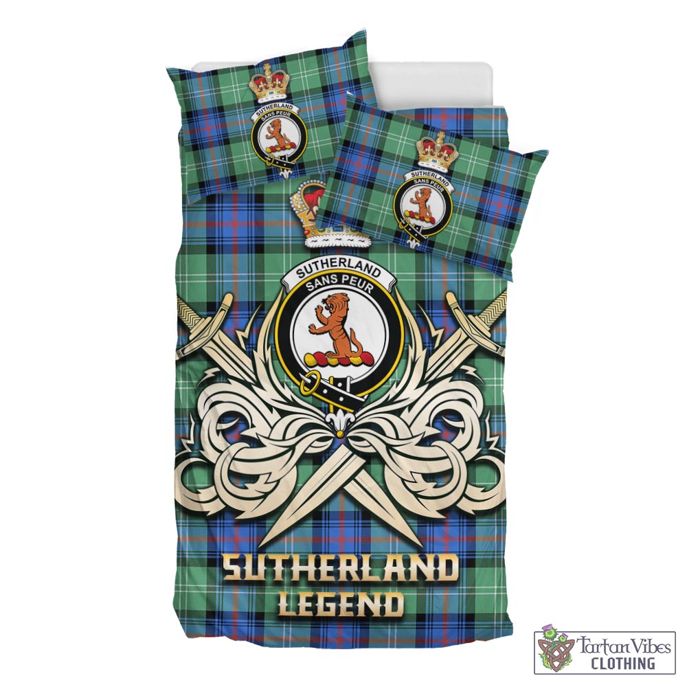 Tartan Vibes Clothing Sutherland Ancient Tartan Bedding Set with Clan Crest and the Golden Sword of Courageous Legacy