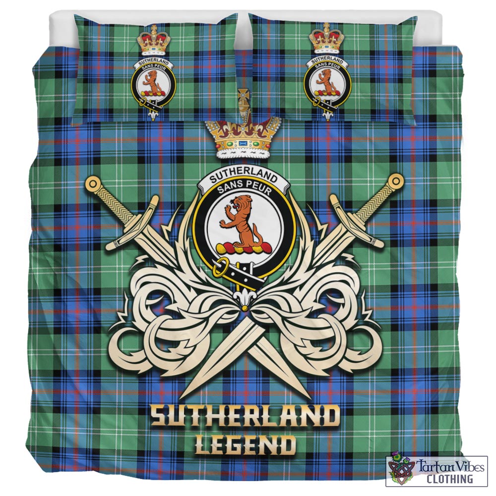 Tartan Vibes Clothing Sutherland Ancient Tartan Bedding Set with Clan Crest and the Golden Sword of Courageous Legacy