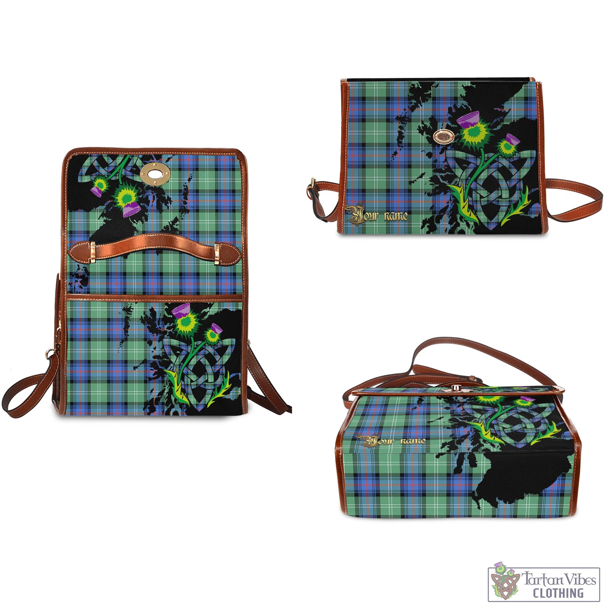 Tartan Vibes Clothing Sutherland Ancient Tartan Waterproof Canvas Bag with Scotland Map and Thistle Celtic Accents