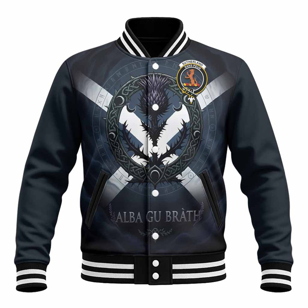 Sutherland Clan Crest Baseball Jacket with Celtic Knot Thistle and Saltire