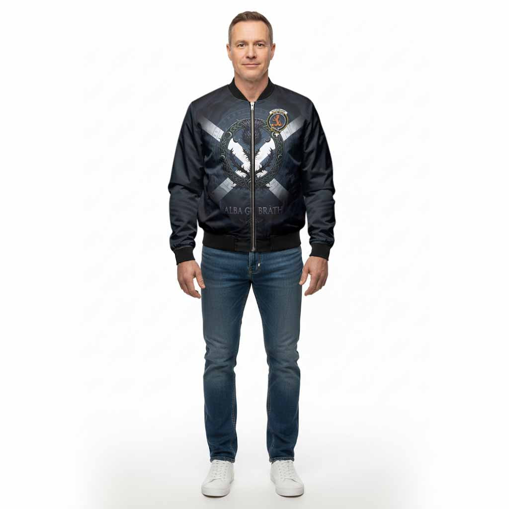 Sutherland Clan Crest Bomber Jacket with Celtic Knot Thistle and Saltire