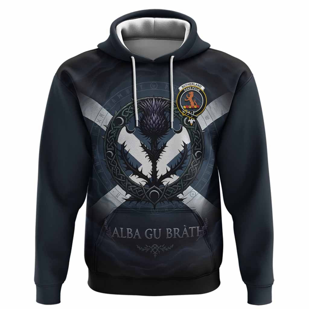 Sutherland Clan Crest Hoodie with Celtic Knot Thistle and Saltire