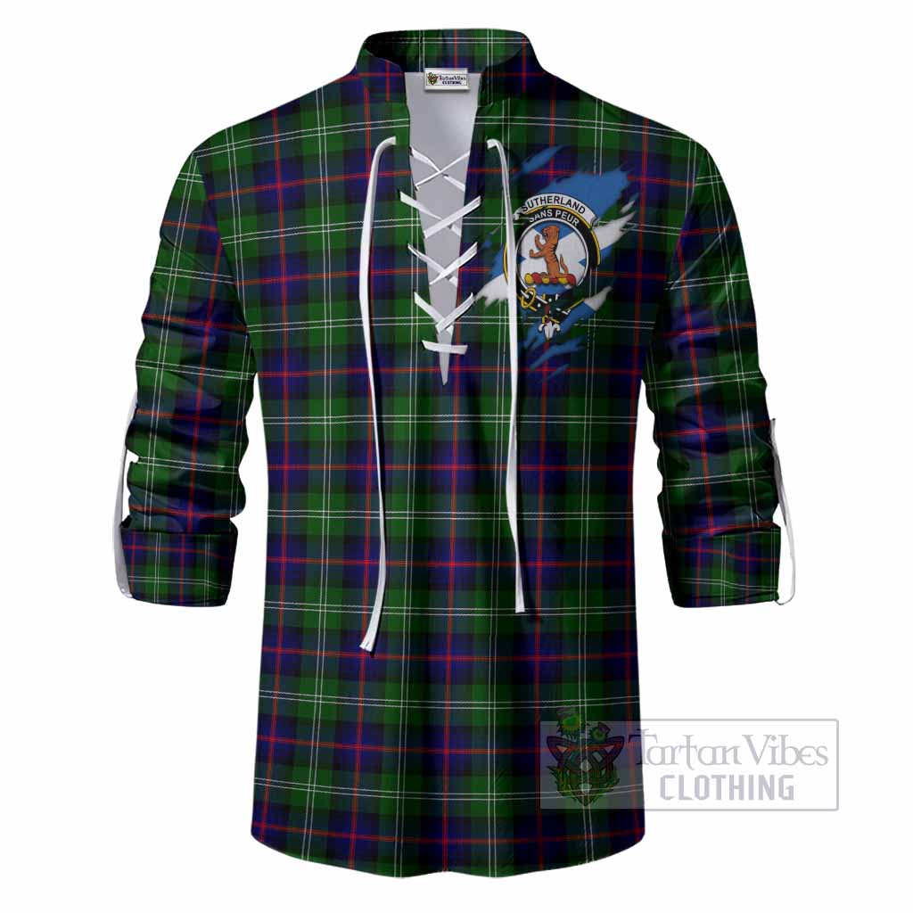 Sutherland Clan Crest In Me Tartan Ghillie Shirt Scotland Flag Style