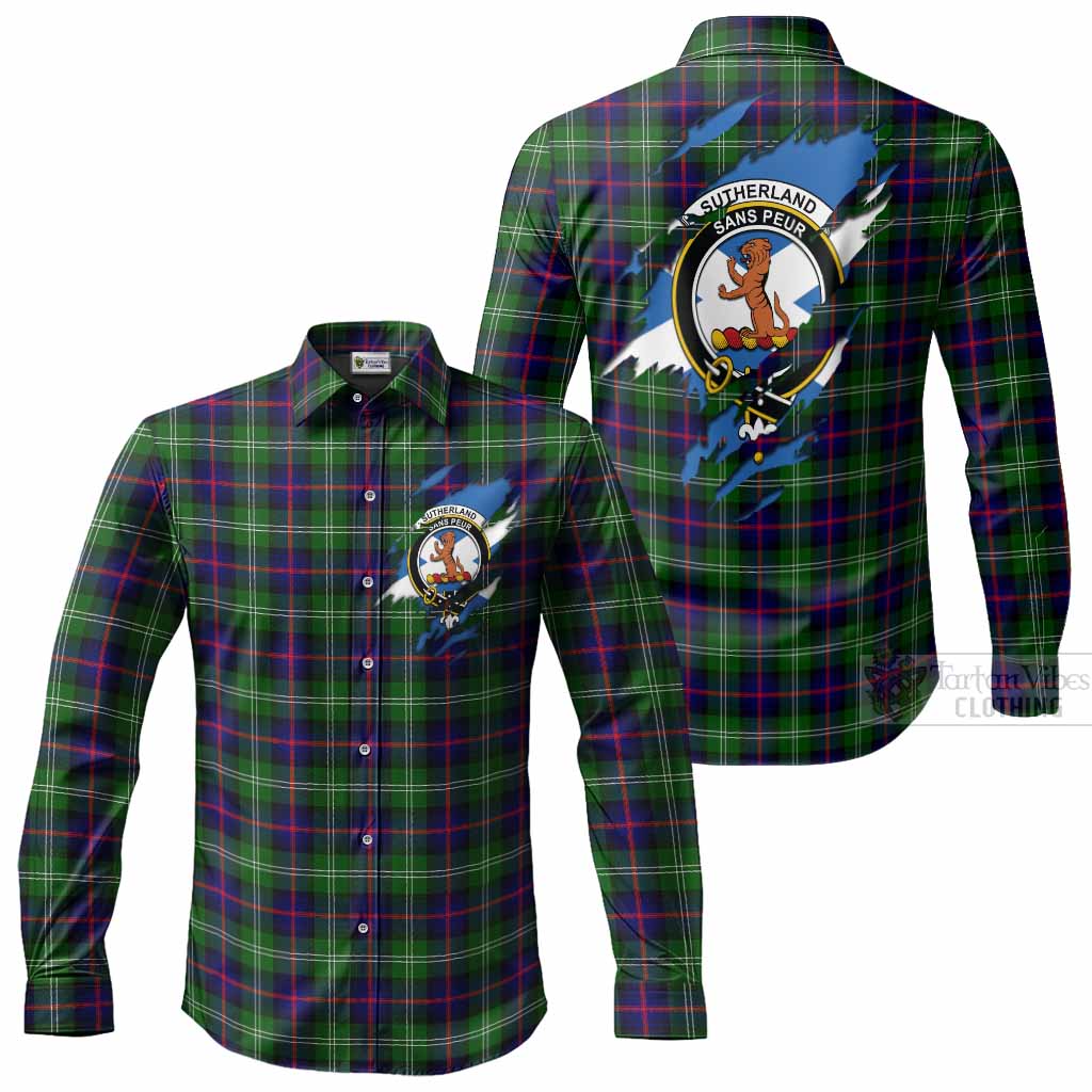 Sutherland Clan Crest In Me Tartan Long Sleeve Button Shirts Scotland Flag Style