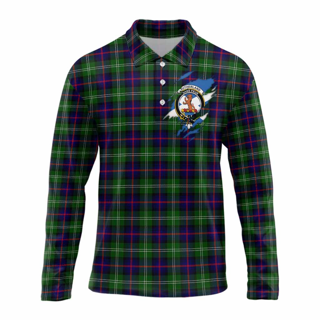 Sutherland Clan Crest In Me Tartan Long Sleeve Polo Shirt Scotland Flag Style