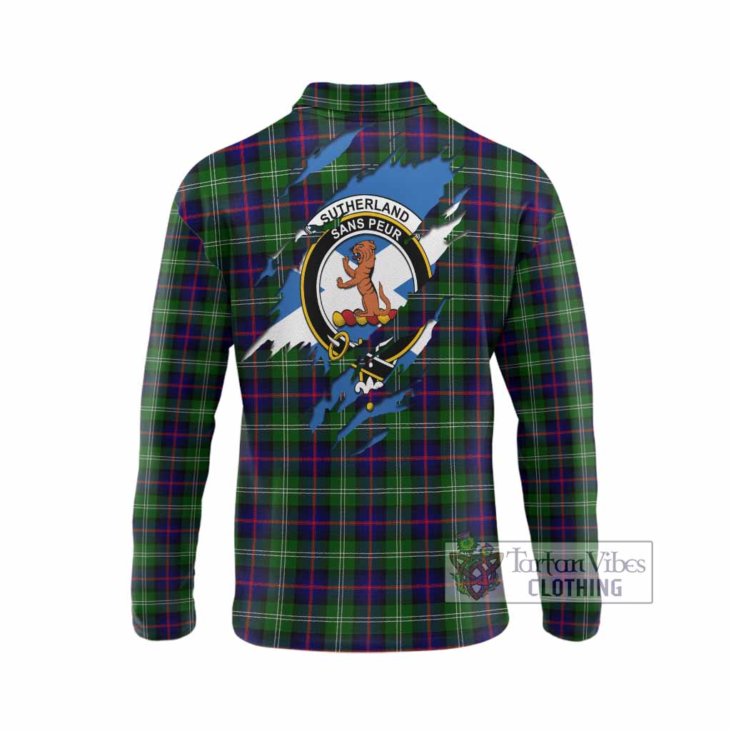 Sutherland Clan Crest In Me Tartan Long Sleeve Polo Shirt Scotland Flag Style