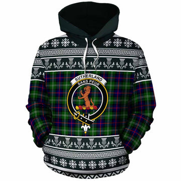Sutherland Clan Tartan Christmas Cotton Hoodie with Family Crest