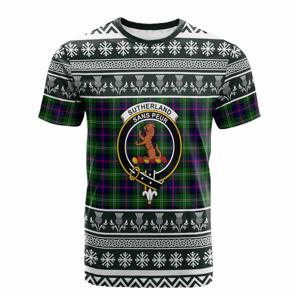 Sutherland Clan Tartan Christmas Cotton T-shirt with Family Crest - Tartan Vibes Clothing