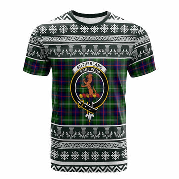 Sutherland Clan Tartan Christmas Cotton T-shirt with Family Crest