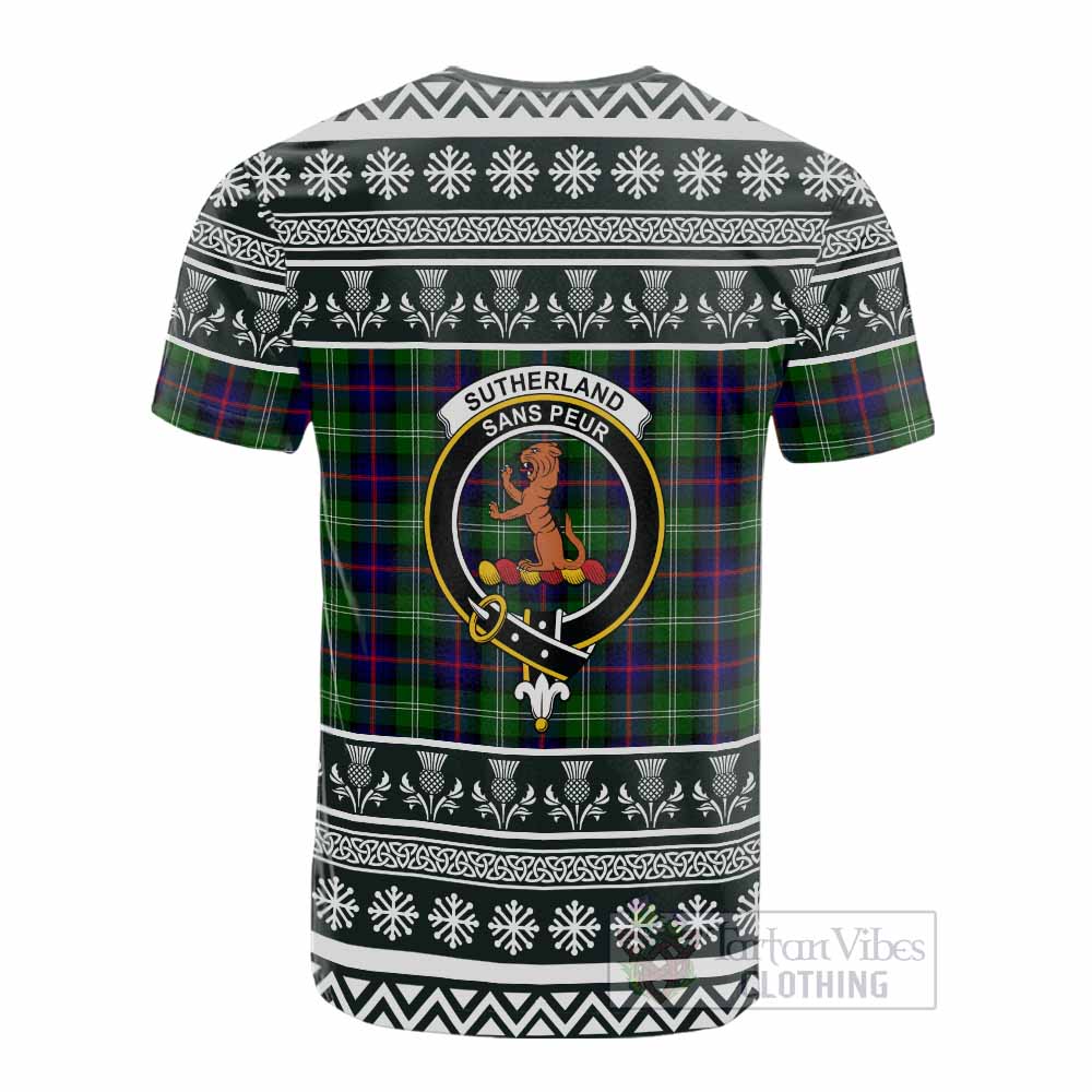 Sutherland Clan Tartan Christmas Cotton T-shirt with Family Crest - Tartan Vibes Clothing
