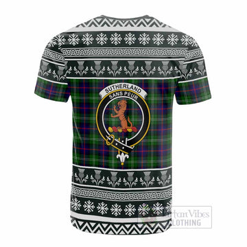 Sutherland Clan Tartan Christmas Cotton T-shirt with Family Crest