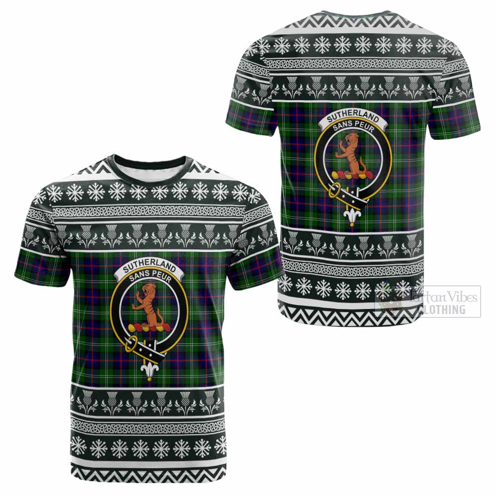 Sutherland Clan Tartan Christmas Cotton T-shirt with Family Crest - Tartan Vibes Clothing