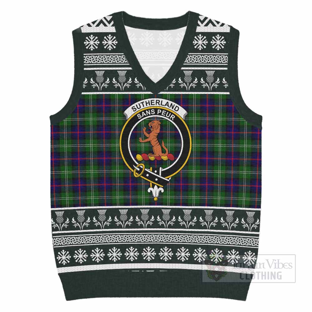 Sutherland Clan Tartan Christmas Knitted V-Neck Vest with Family Crest - Tartan Vibes Clothing