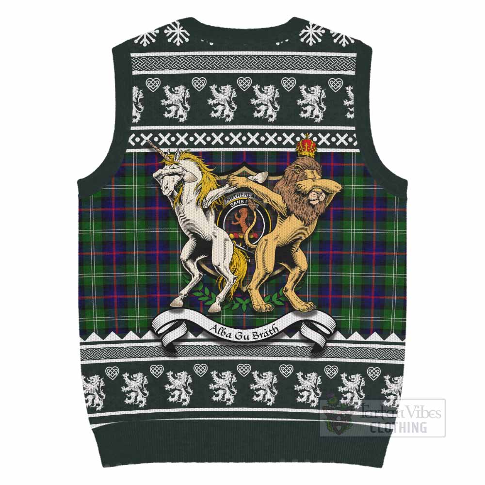 Sutherland Clan Tartan Crest Christmas Knitted V-Neck Vest Coat of Arms Funny Style - Tartan Vibes Clothing