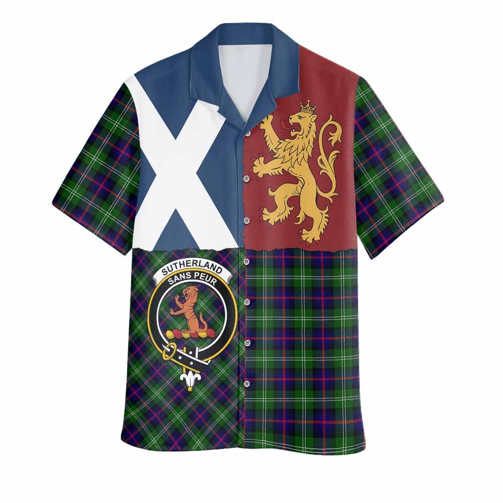 Sutherland Crest Tartan Hawaiian Shirt with Lion Rampant Saltire Style