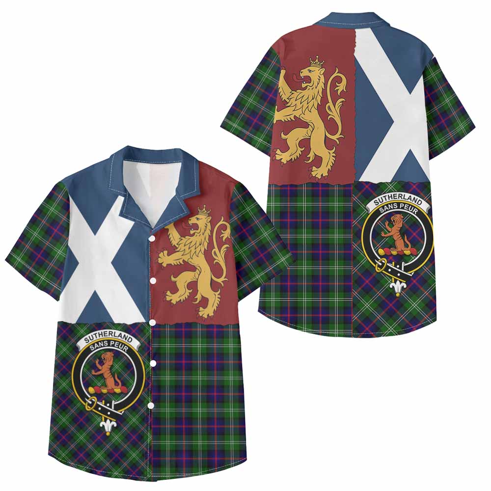 Sutherland Crest Tartan Kid Hawaiian Shirt with Lion Rampant Saltire Style - Tartan Vibes Clothing