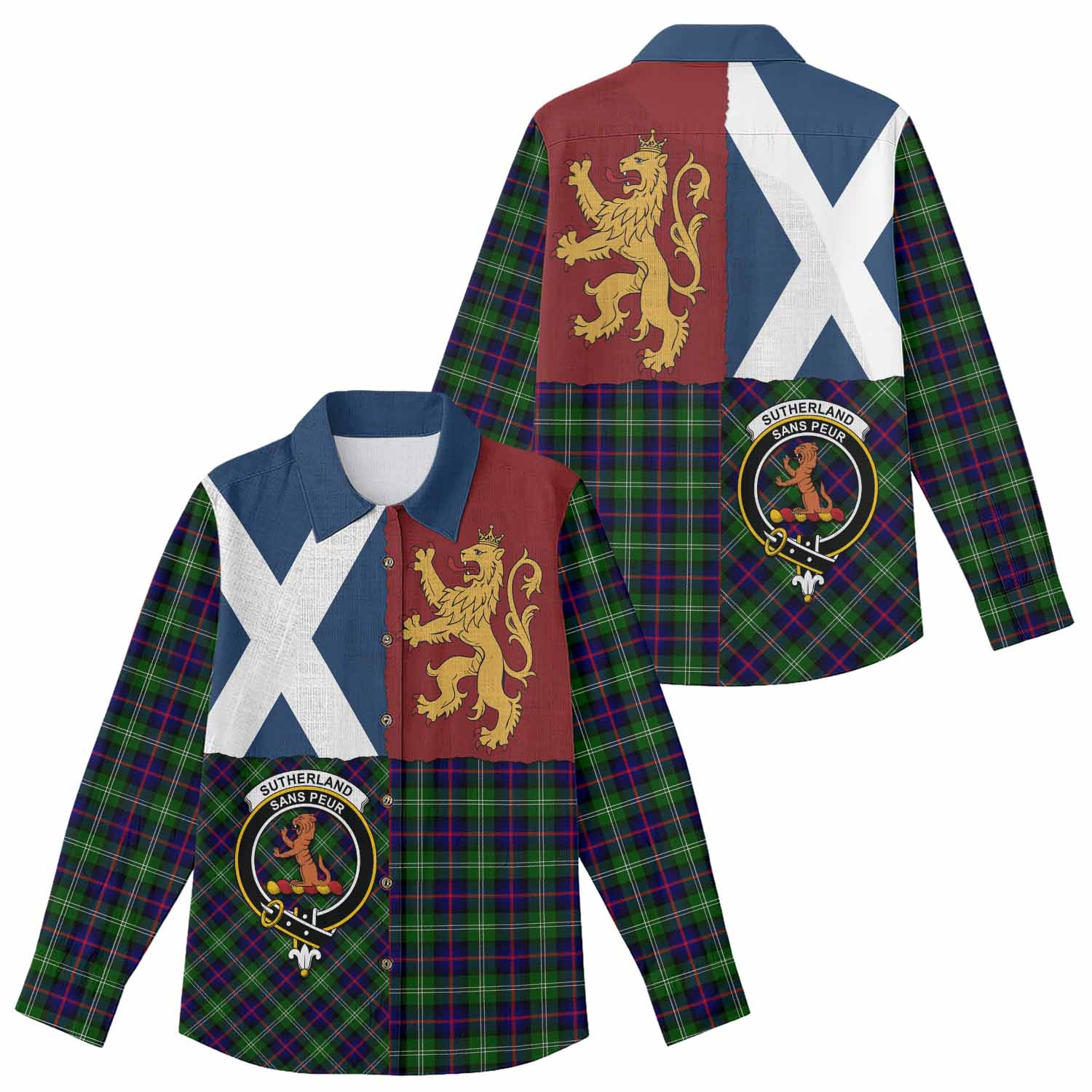 Sutherland Crest Tartan Women Casual Shirt with Lion Rampant Saltire Style