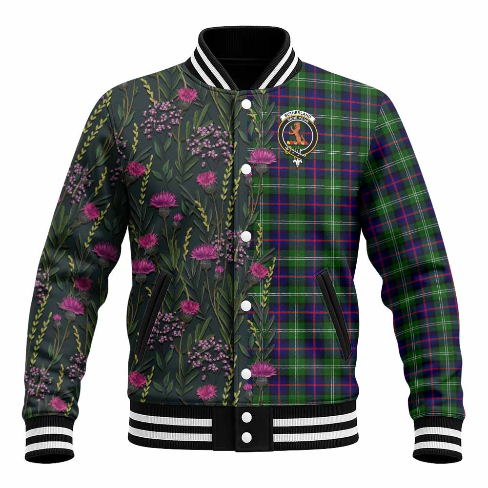 Sutherland Family Crest Tartan Baseball Jacket Scottish Thistle Flower Pattern Half Style - Tartan Vibes Clothing