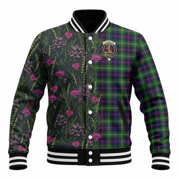 Sutherland Family Crest Tartan Baseball Jacket Scottish Thistle Flower Pattern Half Style