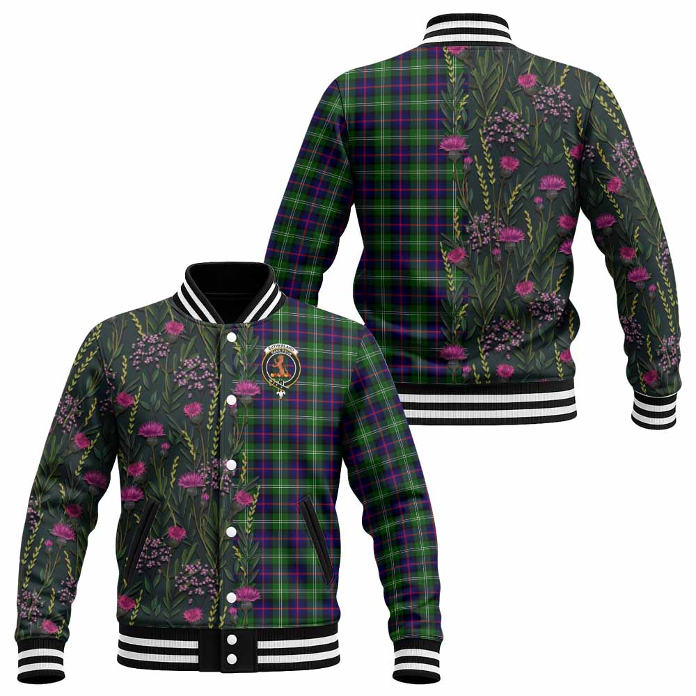 Sutherland Family Crest Tartan Baseball Jacket Scottish Thistle Flower Pattern Half Style - Tartan Vibes Clothing