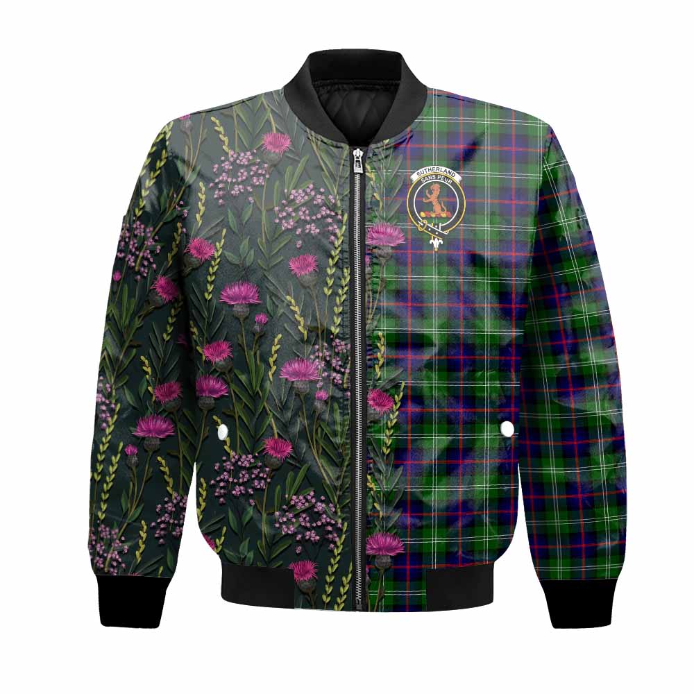 Sutherland Family Crest Tartan Bomber Jacket Scottish Thistle Flower Pattern Half Style - Tartan Vibes Clothing