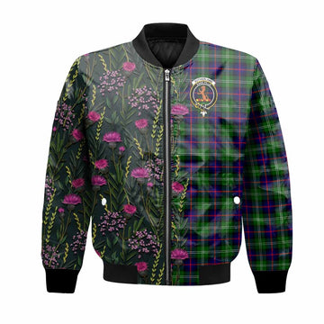 Sutherland Family Crest Tartan Bomber Jacket Scottish Thistle Flower Pattern Half Style