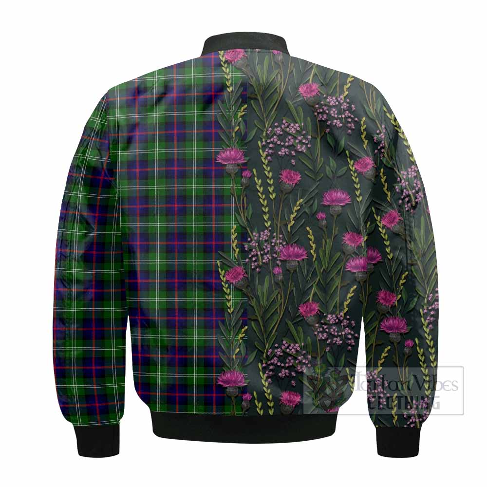 Sutherland Family Crest Tartan Bomber Jacket Scottish Thistle Flower Pattern Half Style - Tartan Vibes Clothing