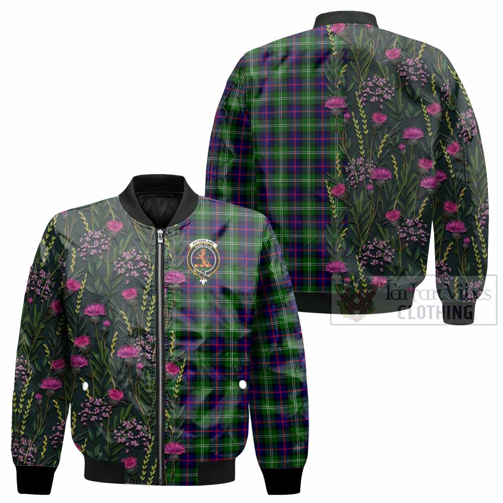 Sutherland Family Crest Tartan Bomber Jacket Scottish Thistle Flower Pattern Half Style - Tartan Vibes Clothing